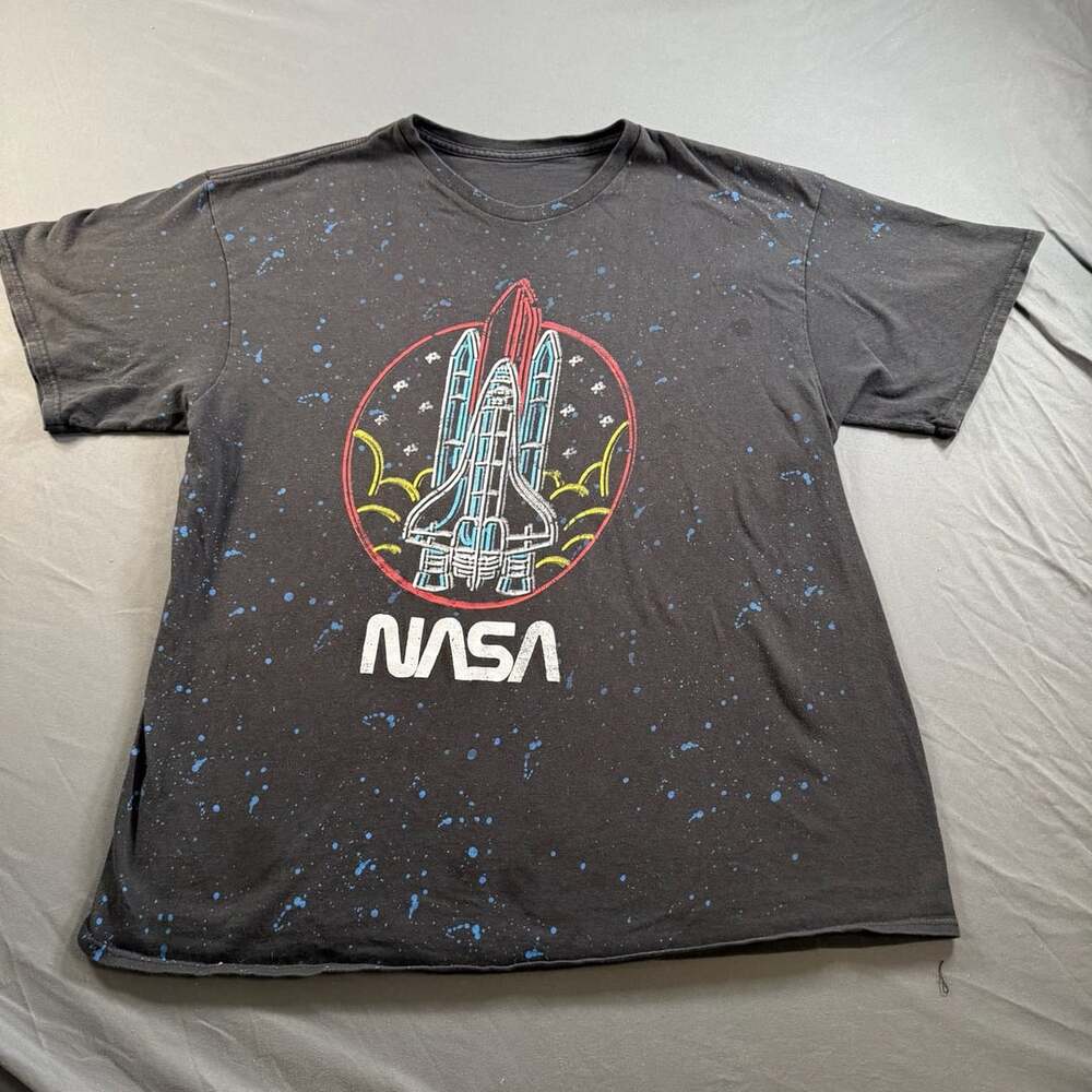 NASA Space Shuttle Graphic T Shirt Black Blue Splatter Distressed Men